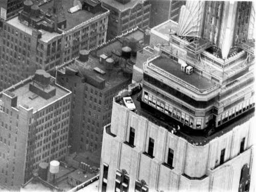 A Ford Mustang on top of the Empire State Building