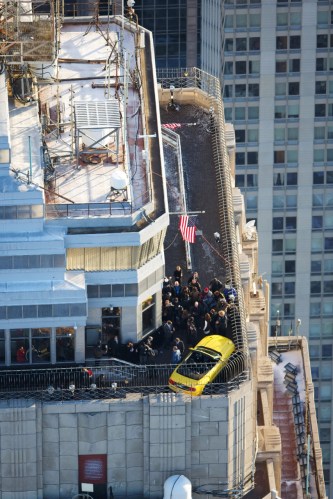 Ford Mustang on top of the Empire State Building bird's eye view
